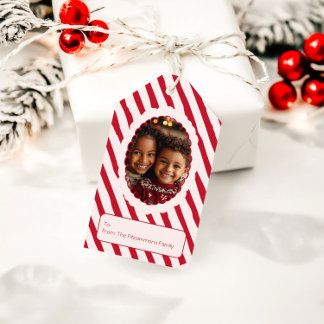 Etiqueta Para Presente Foto de Natal com Listras Vermelhas e Rosadas Capr