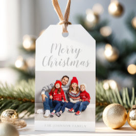 Etiqueta Para Presente Foto de Natal de Script de Cinza Elegante