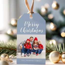 Etiqueta Para Presente Foto de Natal do Script Azul Elegante Dusty