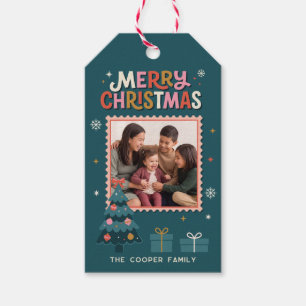 Etiqueta Para Presente Foto de Natal Feliz com Selo Postal Retro