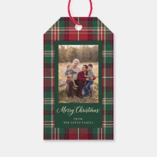 Etiqueta Para Presente Foto de Natal Personalizada em Xadrez Escocês