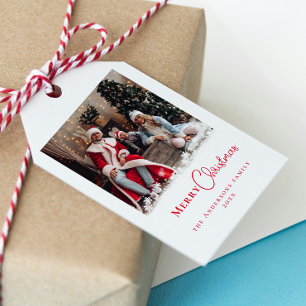 Etiqueta Para Presente Foto de Natal Vermelho Moderno em Tendy Flocos de 