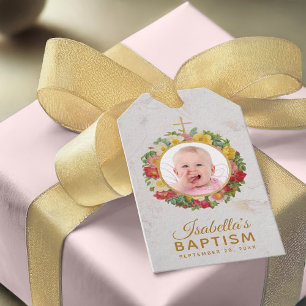 Etiqueta Para Presente Foto do Batismo de Menina no Mármore Floral de Ro
