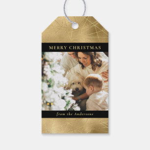 Etiqueta Para Presente Foto Dourada da família de Natal Moderno Black Fau