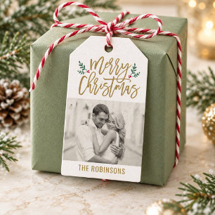 Etiqueta Para Presente Foto Dourada de Script Antiquado de Feliz Natal Mo