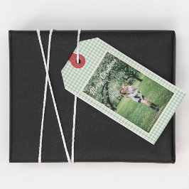 Etiqueta Para Presente Foto Feliz Natal Xadrez Verde Gingham Rustic
