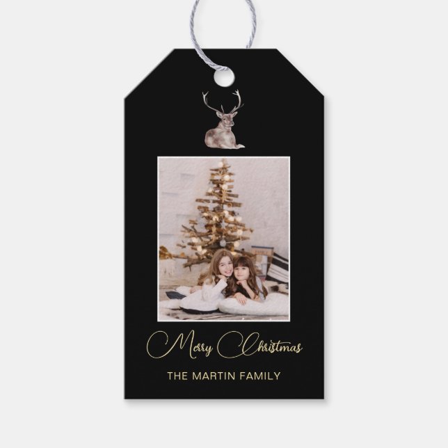 Etiqueta Para Presente Foto Festiva de inverno com veados (Frente)