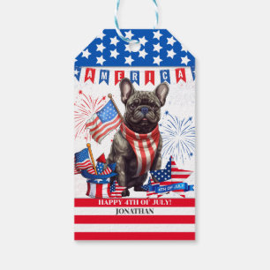 Etiqueta Para Presente Francês Bulldog Feliz 4 De Julho, América Patrióti