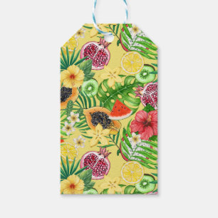 Etiqueta Para Presente Frutas tropicais, flores e folhas em amarelo