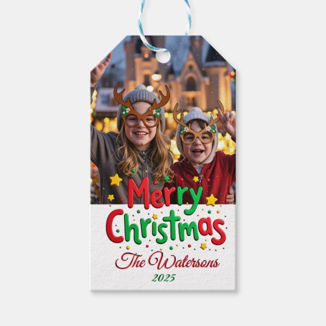 Etiqueta Para Presente Fun Retro Script Merry Christmas Letterpress Photo (Frente)