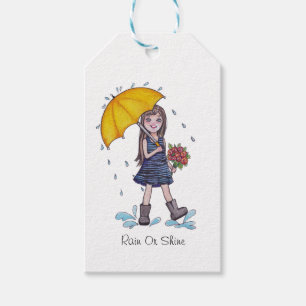 Etiqueta Para Presente Garota Com Guarda-Chuva Amarela Em Aquarela