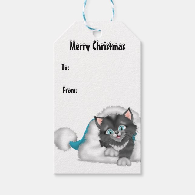 Etiqueta Para Presente Gatinho de Natal com Chapéu Azul (Frente)