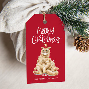Etiqueta Para Presente Gatinho de Natal em Aquarela Laranja Meowy Natal