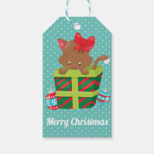Etiqueta Para Presente Gatinho de Natal Feliz Bolinhas Brancas Azul Turqu