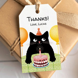 Etiqueta Para Presente Gatinho preto, bolo de aniversário e balões