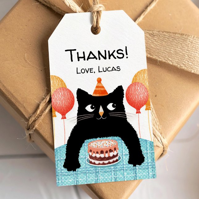 Etiqueta Para Presente Gatinho preto e bolo de aniversário (Criador carregado)