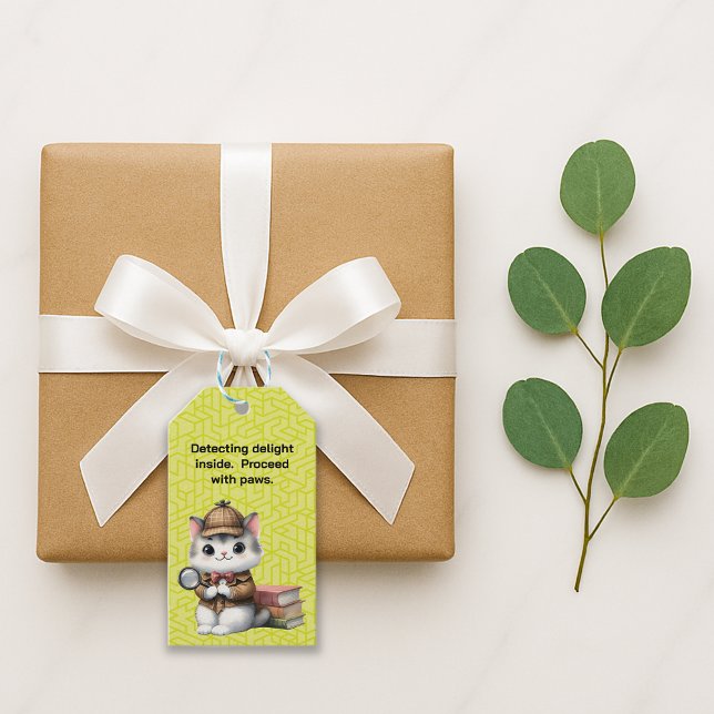 Etiqueta Para Presente Gatinho Sherlock Holmes (Adorable detective cat with books and fun saying gift tag in situ)