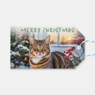 Etiqueta Para Presente Gato Atigrado Fofo na Neve Natal Temático de Anima