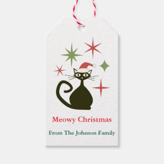 Etiqueta Para Presente Gato Atômico do Meio do Século do Natal Personaliz