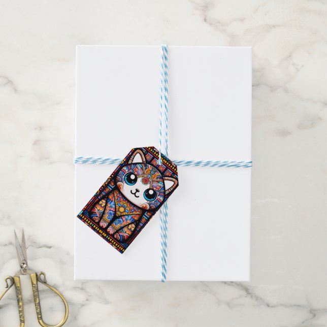 Etiqueta Para Presente Gato Bonito com Charme de Padrão Tradicional (Com cordão)