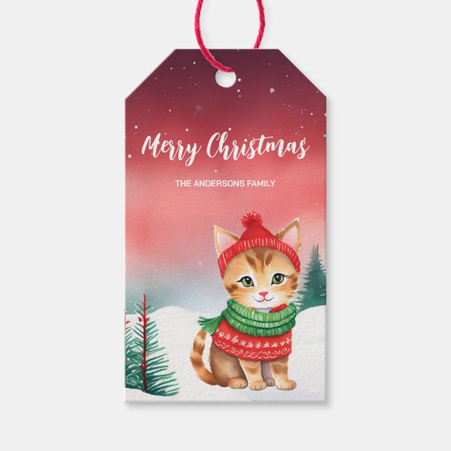 Etiqueta Para Presente Gato bonito, gatinho, Papais noeis de Natal (Frente)