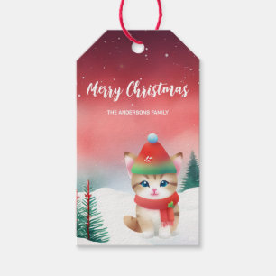Etiqueta Para Presente Gato bonito, gatinho, Papais noeis de Natal