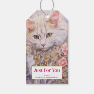 Etiqueta Para Presente Gato Branco Elegante em Dourado e Ouros