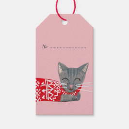 Etiqueta Para Presente Gato cinza fofo de Natal Festa cor-de-rosa