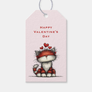 Etiqueta Para Presente Gato com Corações de Amor Vermelhos Fofo Dia dos N