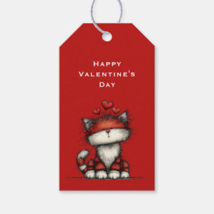 Etiqueta Para Presente Gato com Corações de Amor Vermelhos Fofo Dia dos N
