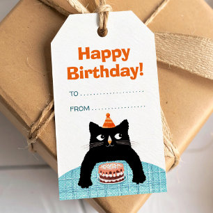 Etiqueta Para Presente Gato de aniversário com bolo e balões de festa