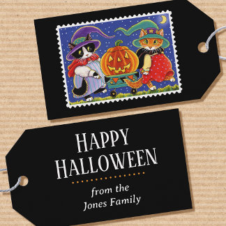 Etiqueta Para Presente Gato de bruxa de abóbora do Halloween Jack O'Lante
