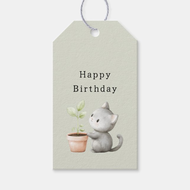 Etiqueta Para Presente Gato de Jardim com Planta de Aniversário (Frente)