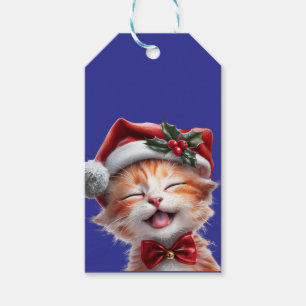 Etiqueta Para Presente Gato de Natal bonito com Chapéu Santa e Arco