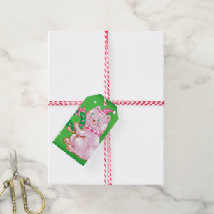 Etiqueta Para Presente Gato de Natal de desenho animado fofo segurando gr