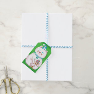 Etiqueta Para Presente Gato de Natal de Desenho Animado Fofo Usando um Ch