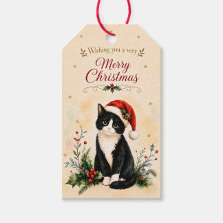 Etiqueta Para Presente Gato de Natal de Smoking com Chapéu de Papai Noel