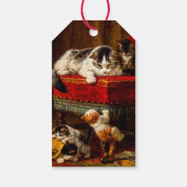 Etiqueta Para Presente Gato e Gatinhos Brincando com Cadeira (Frente)