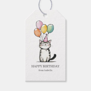 Etiqueta Para Presente Gato Fofo e Balões Feliz Aniversário
