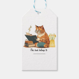 Etiqueta Para Presente gato-mãe lendo um livro e um café de bebendo