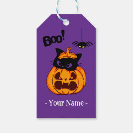 Etiqueta Para Presente Gato Negro Fofo Personalizado no Jack O' Lantern B