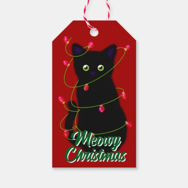 Etiqueta Para Presente Gato negro Luzes cintilantes de Natal (Frente)