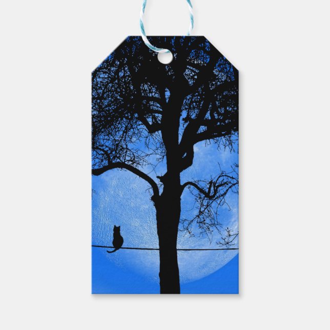 Etiqueta Para Presente Gato numa Lua Azul Fio (Frente)