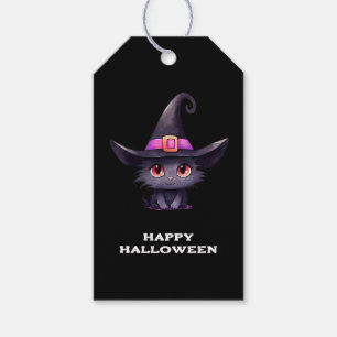Etiqueta Para Presente Gato preto bonito Vestindo o Dia das Bruxas