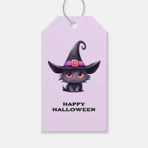 Etiqueta Para Presente Gato preto bonito Vestindo o Dia das Bruxas