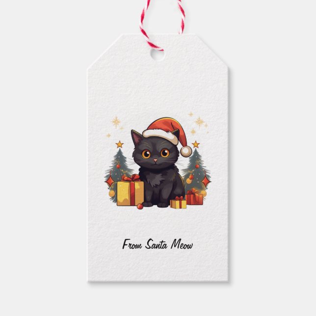 Etiqueta Para Presente Gato Preto de Natal Bonito (Frente)