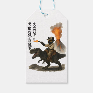 Etiqueta Para Presente Gato Preto Épico Cowboy Montando Dinossauro com Vu