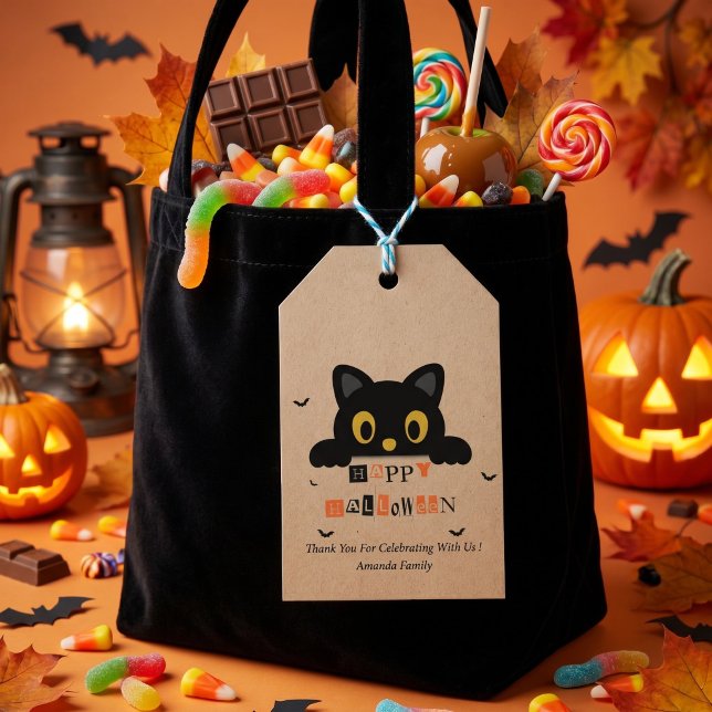 Etiqueta Para Presente Gato Preto Fofo de Halloween (Criador carregado)
