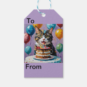Etiqueta Para Presente Gato Que Goza De Arte Acriólica De Bolo De Anivers