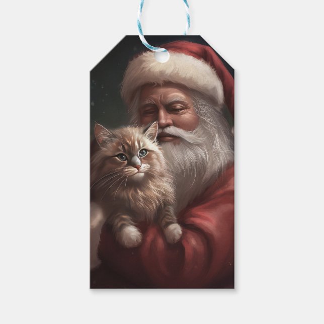 Etiqueta Para Presente Gato Siberiano com Papai Noel Natal Festivo (Frente)